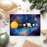 Planets Greeting Card: Space Theme, Sun, Moon, Mars, Jupiter, can be personalised - Rainbowprint.uk