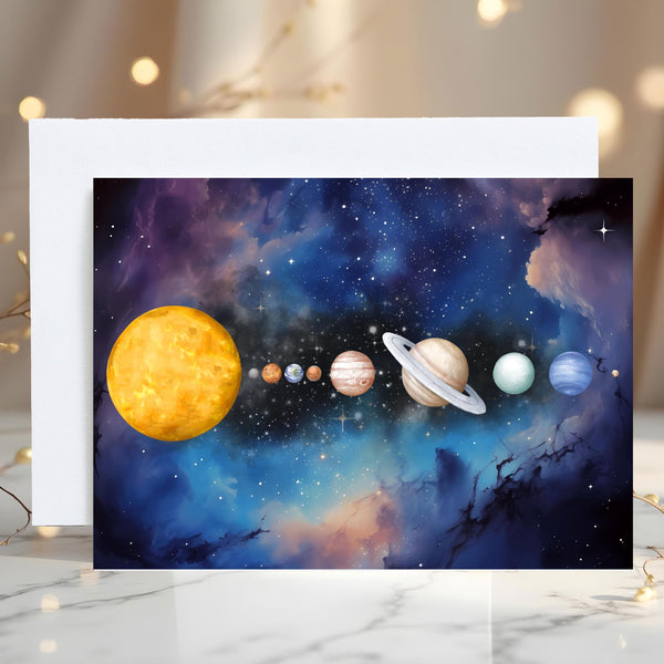 Planets Greeting Card: Space Theme, Sun, Moon, Mars, Jupiter, can be personalised - Rainbowprint.uk