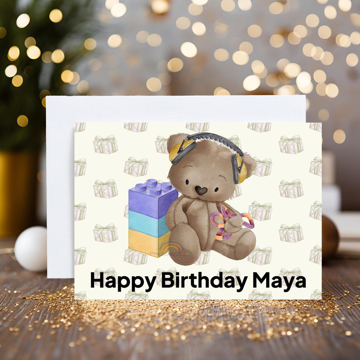 Autism Sensory Personalised Greetings Card with Bear wearing Headphones