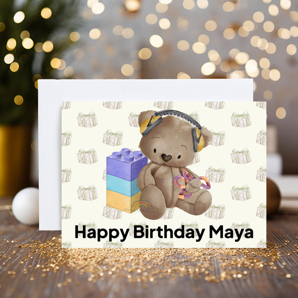 Autism Sensory Personalised Greetings Card with Bear wearing Headphones