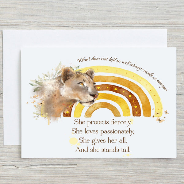 Lioness "What Does Not Kill Us Makes Us Stronger" A5 Glossy Personalised Greetings Card, motivational, birthday, animals, wildlife card - Rainbowprint.uk