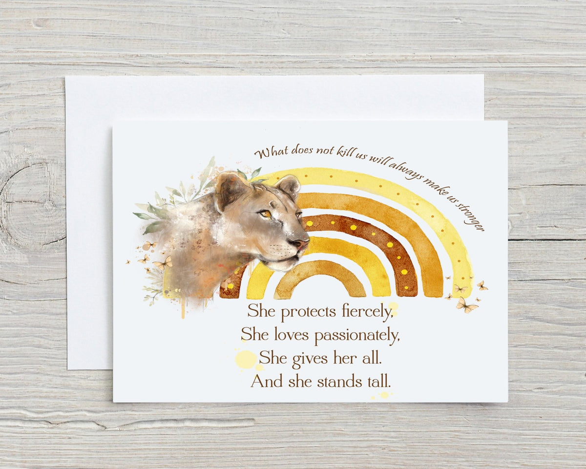 Lioness "What Does Not Kill Us Makes Us Stronger" A5 Glossy Personalised Greetings Card, motivational, birthday, animals, wildlife card - Rainbowprint.uk