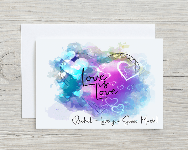 Love Is Love Personalised A5 Glossy Greetings Card Any Name On The Front - Rainbowprint.uk