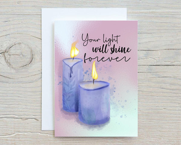 Memorial Candle Greetings Card: Sympathy, Your Light Will Shine Forever - Rainbowprint.uk