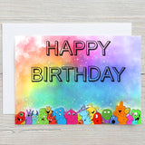 Monster Happy Birthday A5 Glossy Personalised Card, with any name printed on the front, birthday card for children - Rainbowprint.uk