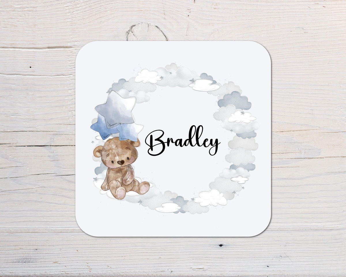 New Baby Bear Blue Design Coaster personalised with any Wording, Message - ideal gift - Rainbowprint.uk