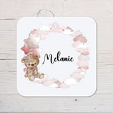 New Baby Bear Pink Design Coaster personalised with any Wording, Message - ideal gift - Rainbowprint.uk