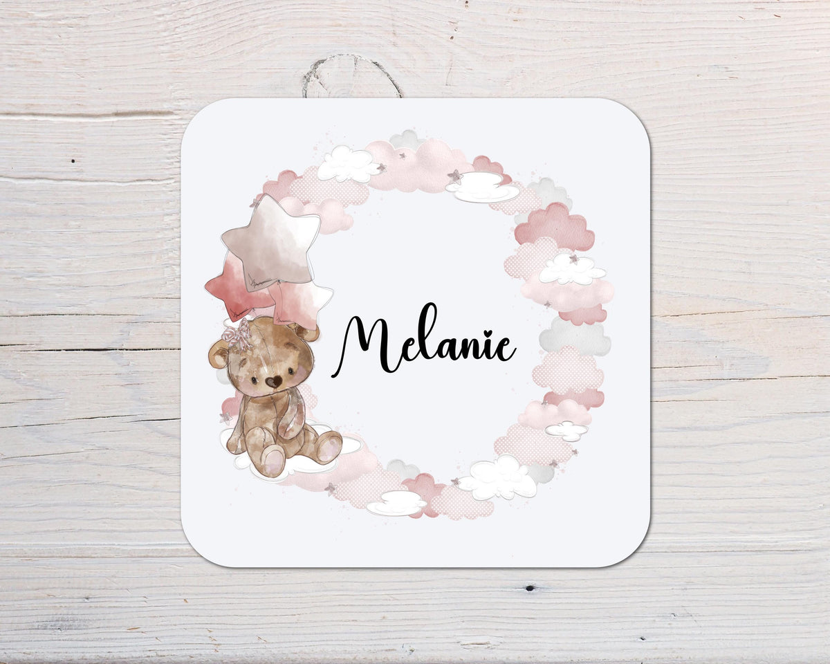 New Baby Bear Pink Design Coaster personalised with any Wording, Message - ideal gift - Rainbowprint.uk