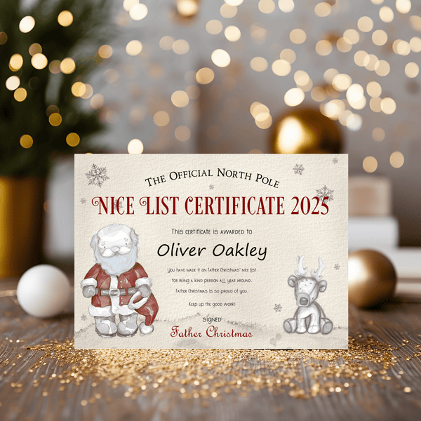 Nice List Certificate 2025 from Father Christmas - Personalised - A4 Keepsake - Make Christmas Special - Rainbowprint.uk