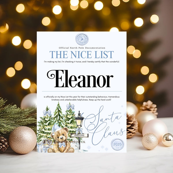 Nice List Certificate from Santa Claus at the North Pole with cute bear - personalised 2025 Keepsake - help them believe in Santa! - Rainbowprint.uk