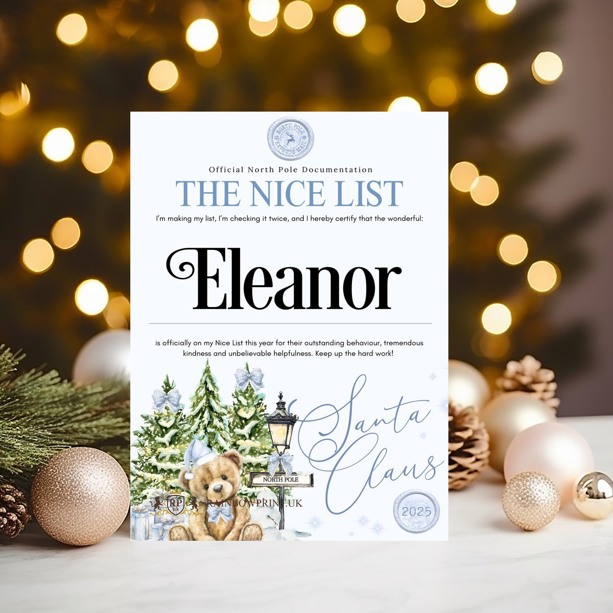 Nice List Certificate from Santa Claus at the North Pole with cute bear - personalised 2025 Keepsake - help them believe in Santa! - Rainbowprint.uk