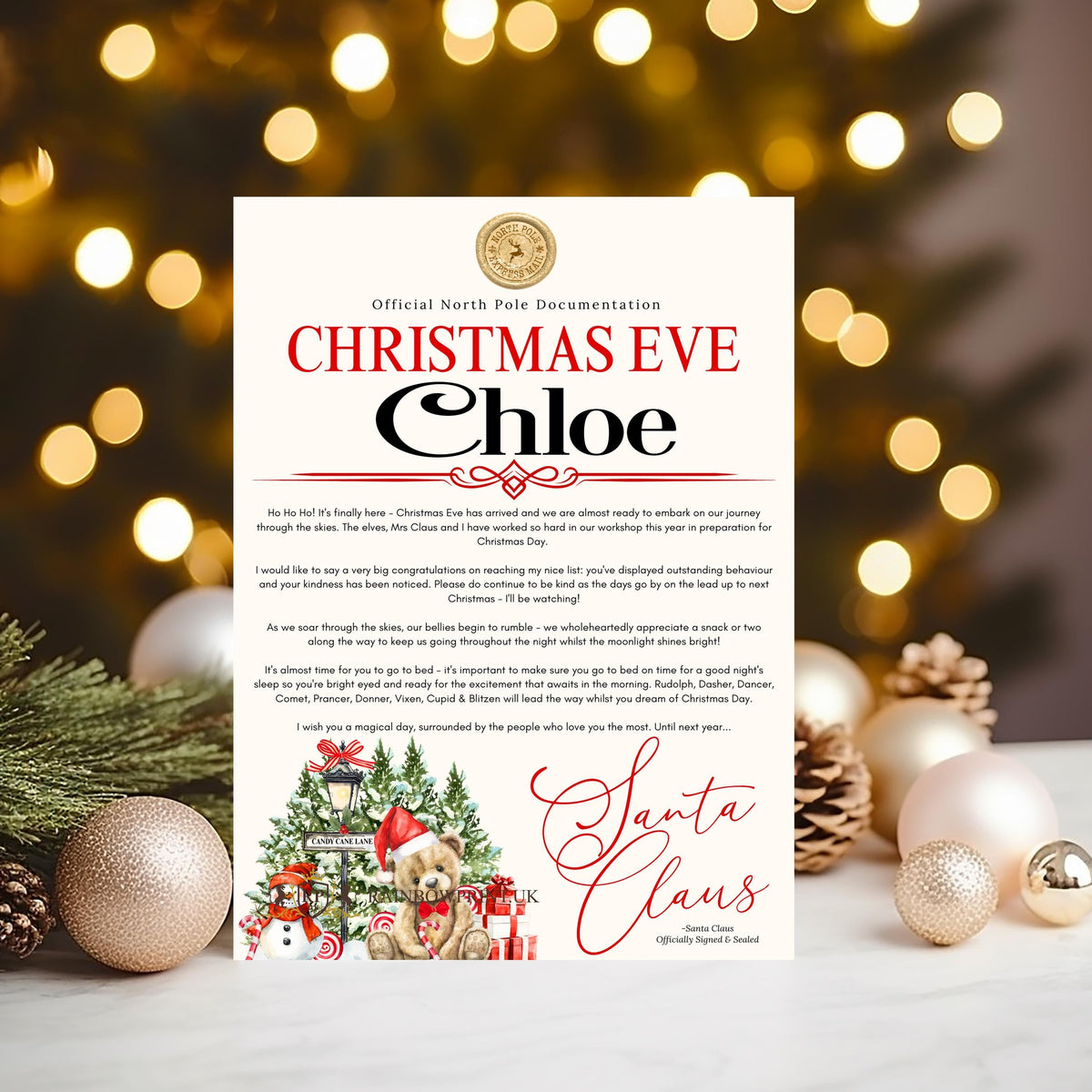 North Pole "Christmas Eve" Certificate signed by Santa Claus personalised 2025 Keepsake, help them believe in Santa, choose of 2 colours! - Rainbowprint.uk