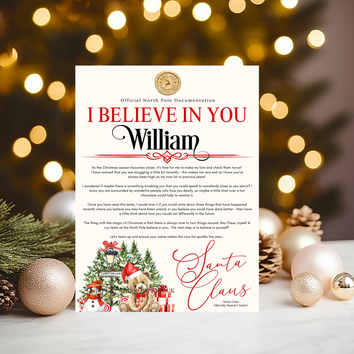North Pole "I Believe In You" Certificate signed by Santa Claus - personalised 2025 Keepsake - help them believe in Santa! - Rainbowprint.uk