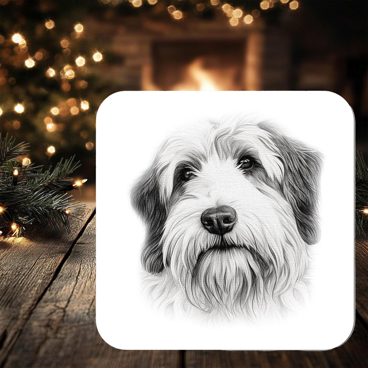 Old English Collie Dog Coaster: personalised with any wording - Rainbowprint.uk