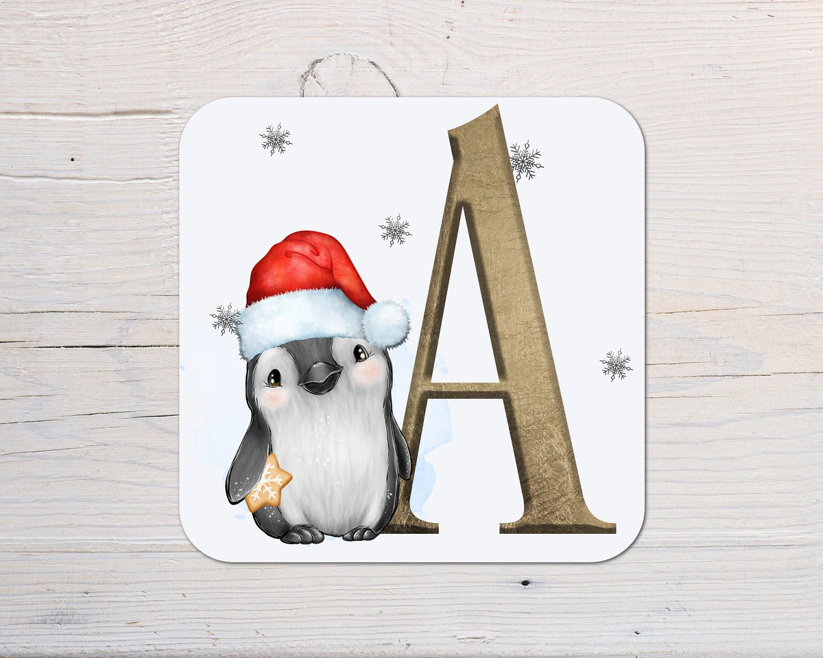 Penguin Christmas Coaster with Initial, ideal for Dinner Table - Rainbowprint.uk