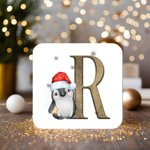Penguin Christmas Coaster with Initial, ideal for Dinner Table - Rainbowprint.uk