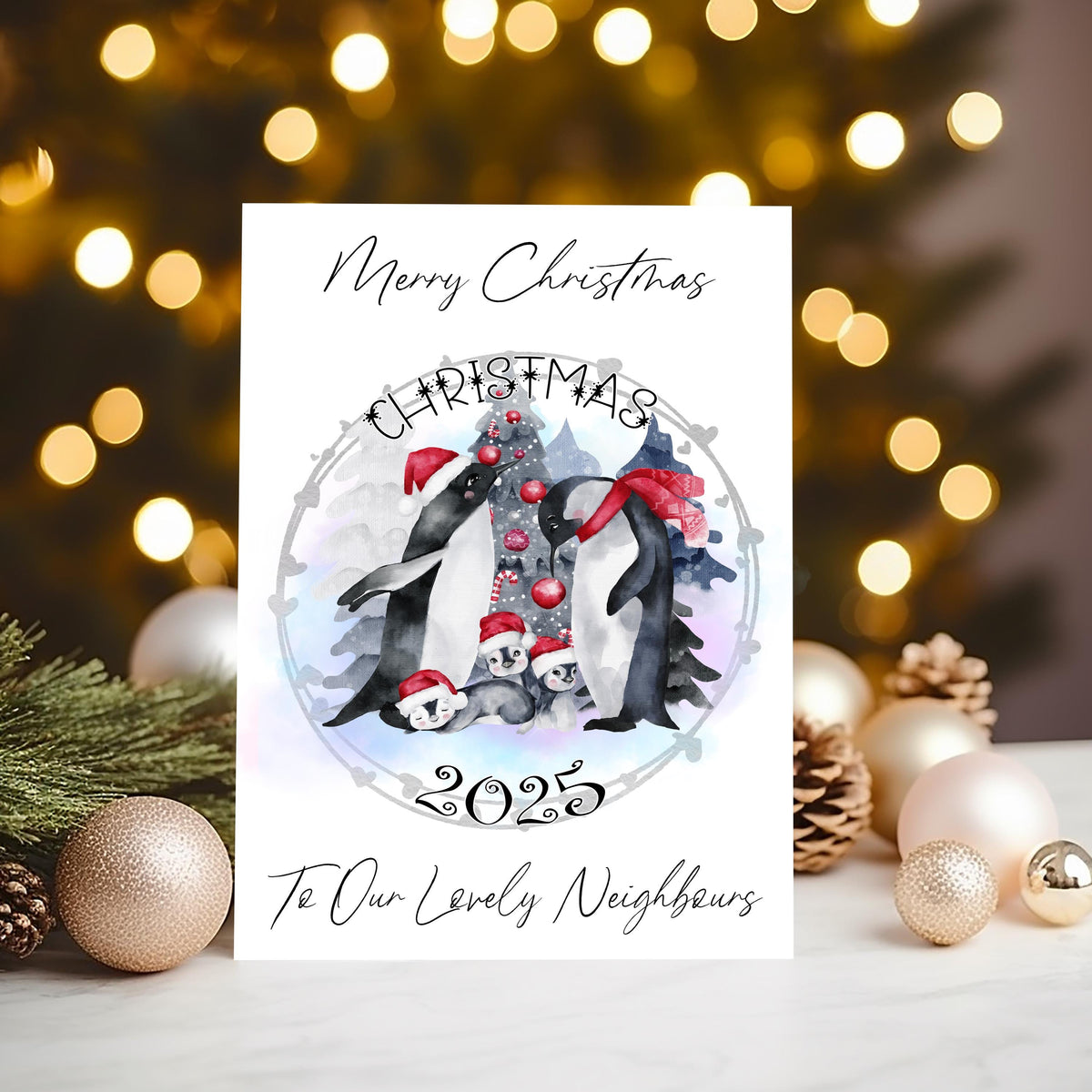 Penguin Family Christmas 2025 Card - personalised unique card, A5 with envelope, Xmas Greetings - Rainbowprint.uk