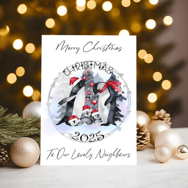 Penguin Family Christmas Card - personalised unique card, A5 with envelope, Xmas Greetings - Rainbowprint.uk