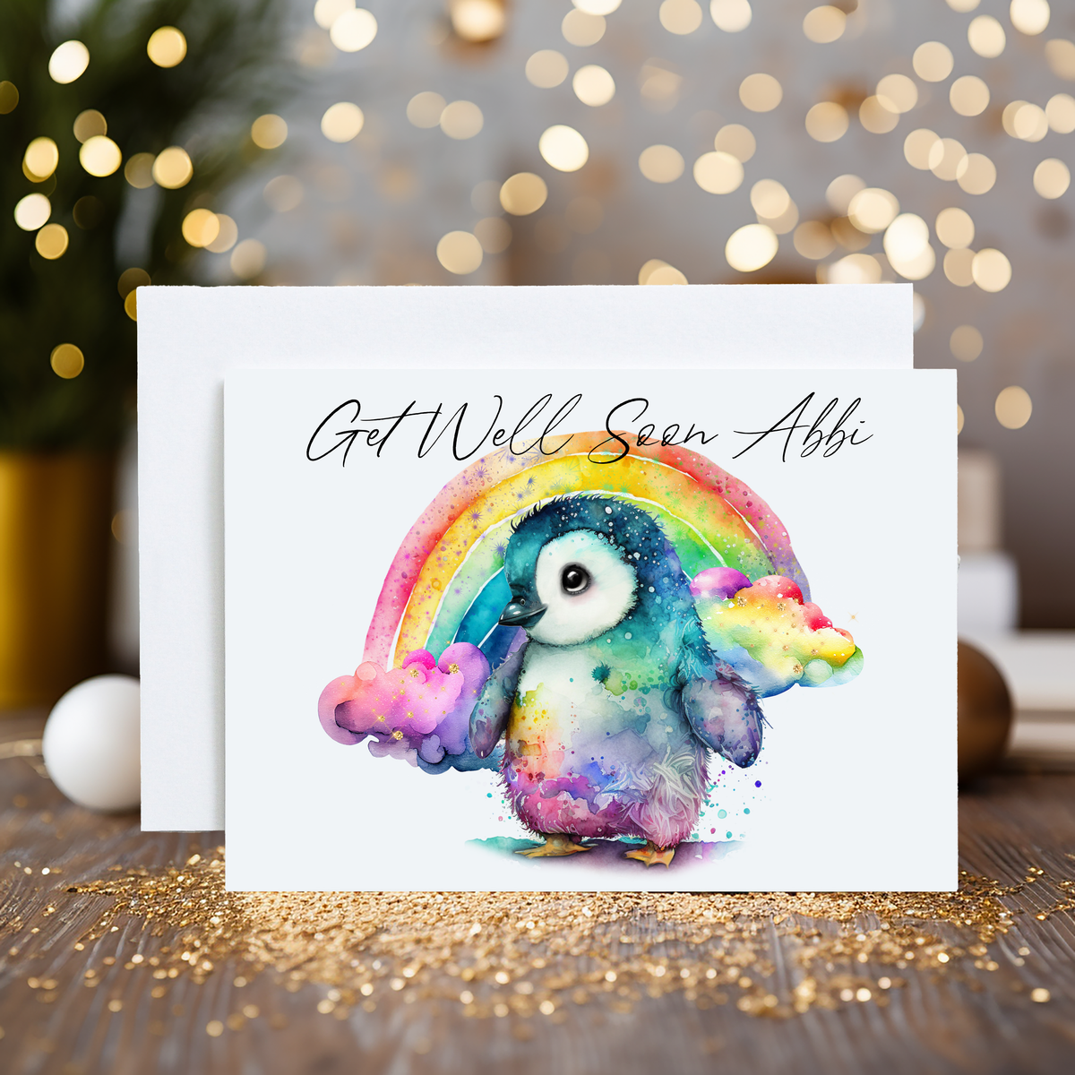 Penguin Rainbow Personalised A5 Glossy Greetings Card - Rainbowprint.uk
