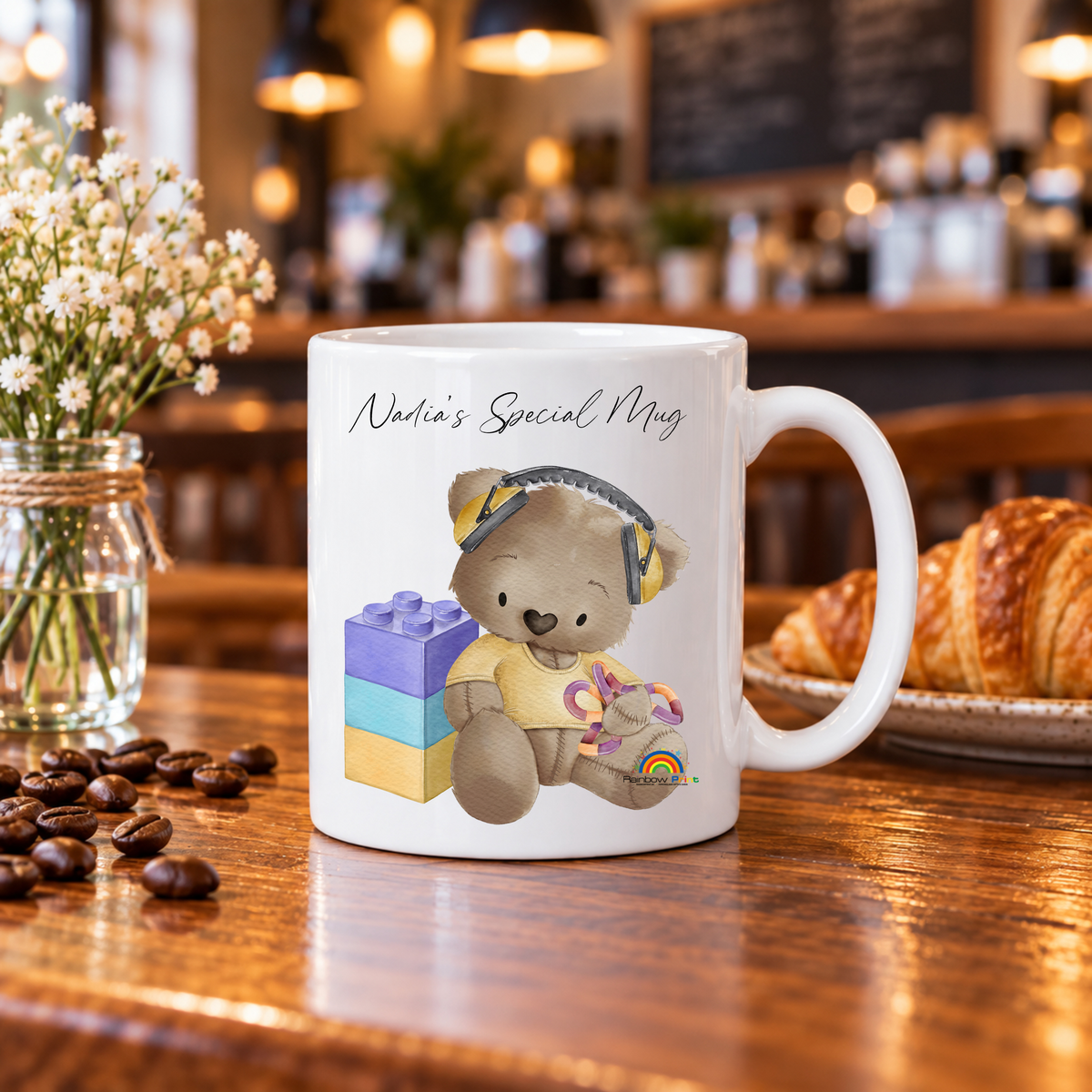 Personalised Autism Sensory Bear Mug, Custom Name or Message, 11oz Cer