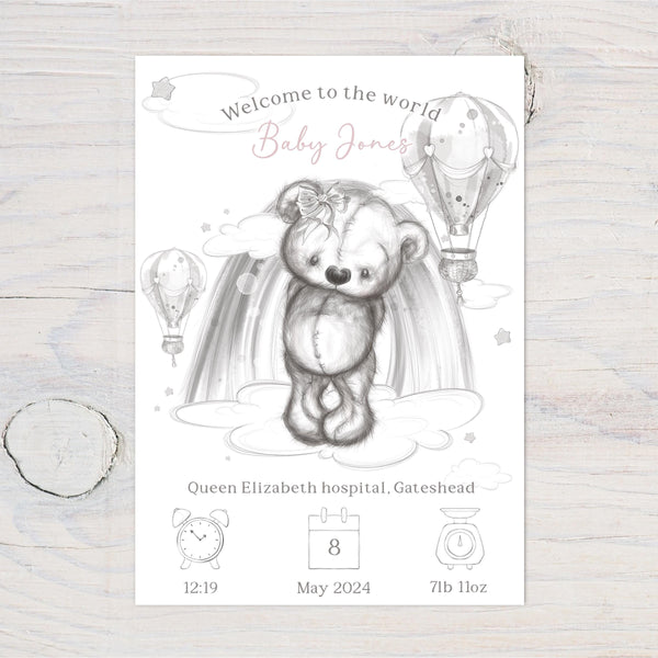 Personalised Baby Birth Art: Teddy Bear Nursery Decor, Pink or Blue, Gift - Rainbowprint.uk