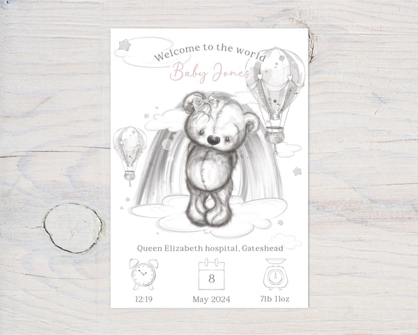 Personalised Baby Birth Art: Teddy Bear Nursery Decor, Pink or Blue, Gift - Rainbowprint.uk