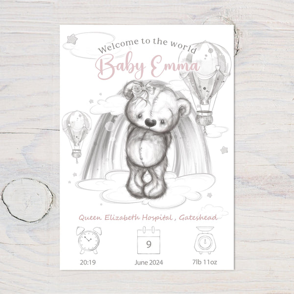 Personalised Baby Birth Art: Teddy Bear Nursery Decor, Pink or Blue, Gift - Rainbowprint.uk