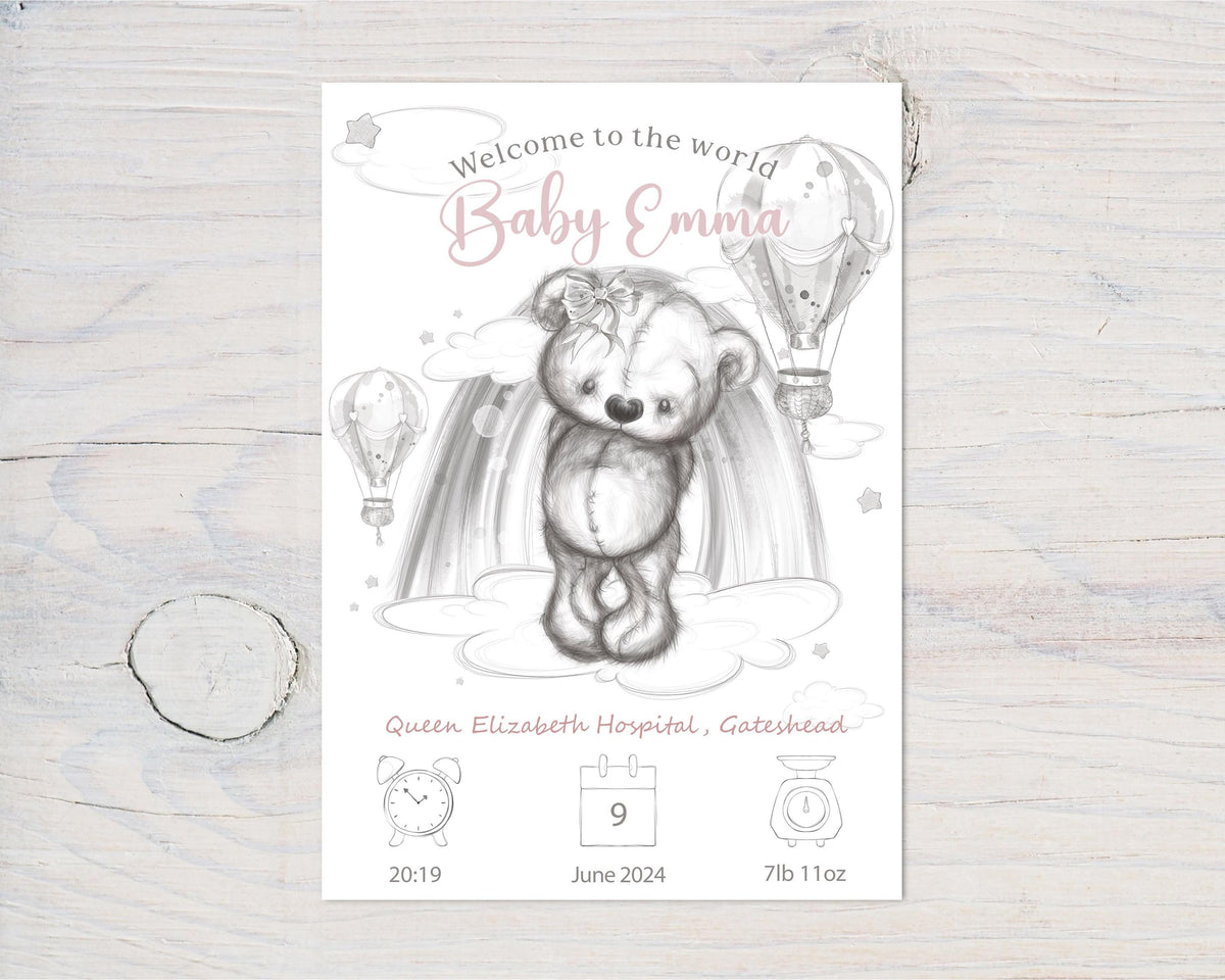 Personalised Baby Birth Art: Teddy Bear Nursery Decor, Pink or Blue, Gift - Rainbowprint.uk