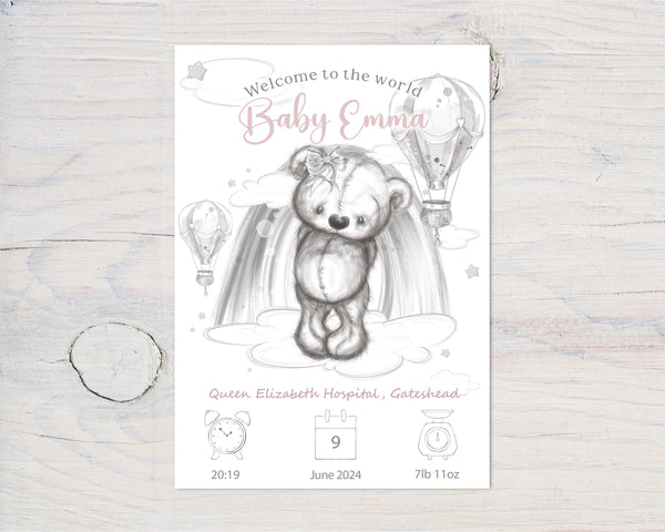Personalised Baby Birth Art: Teddy Bear Nursery Decor, Pink or Blue, Gift - Rainbowprint.uk