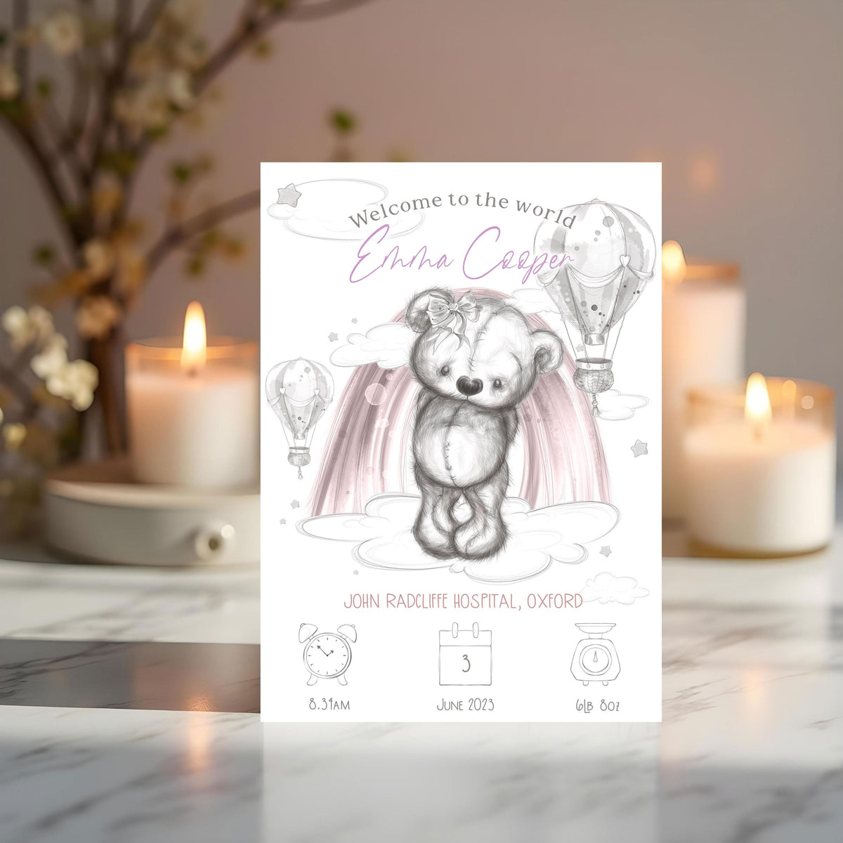 Personalised Baby Birth Art: Teddy Bear Nursery Decor, Pink or Blue, Gift - Rainbowprint.uk