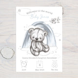 Personalised Baby Birth Art: Teddy Bear Nursery Decor, Pink or Blue, Gift - Rainbowprint.uk