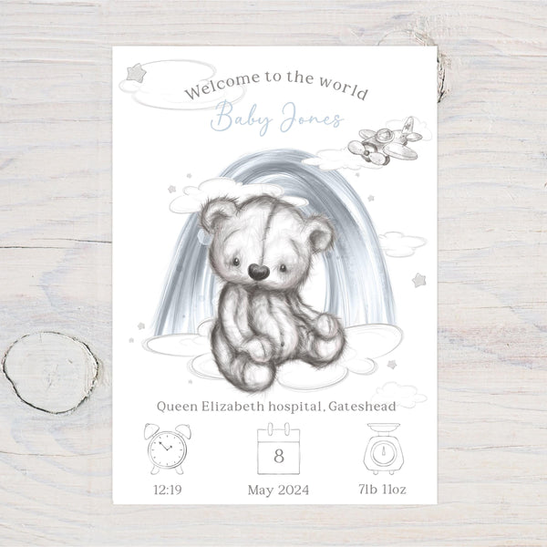 Personalised Baby Birth Art: Teddy Bear Nursery Decor, Pink or Blue, Gift - Rainbowprint.uk