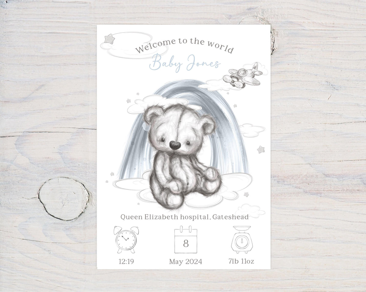 Personalised Baby Birth Art: Teddy Bear Nursery Decor, Pink or Blue, Gift - Rainbowprint.uk