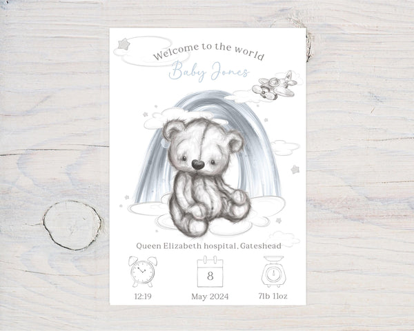 Personalised Baby Birth Art: Teddy Bear Nursery Decor, Pink or Blue, Gift - Rainbowprint.uk