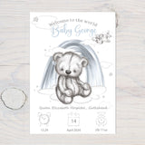 Personalised Baby Birth Art: Teddy Bear Nursery Decor, Pink or Blue, Gift - Rainbowprint.uk