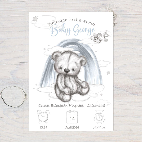 Personalised Baby Birth Art: Teddy Bear Nursery Decor, Pink or Blue, Gift - Rainbowprint.uk