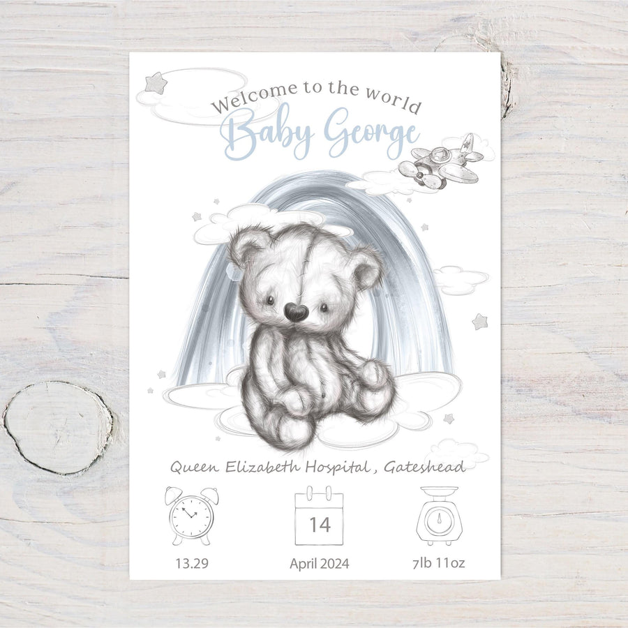 Personalised Baby Birth Art: Teddy Bear Nursery Decor, Pink or Blue, Gift - Rainbowprint.uk