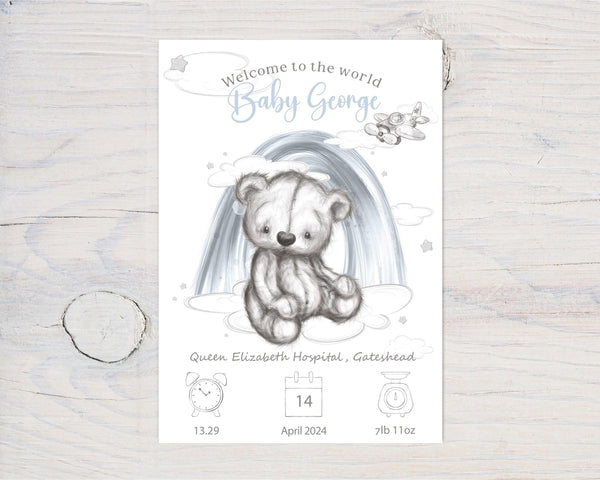 Personalised Baby Birth Art: Teddy Bear Nursery Decor, Pink or Blue, Gift - Rainbowprint.uk