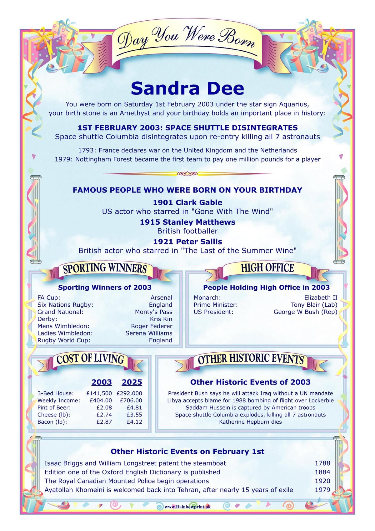 Personalised Birthday History Card: "Day You Were Born" A5 Greetings - Rainbowprint.uk