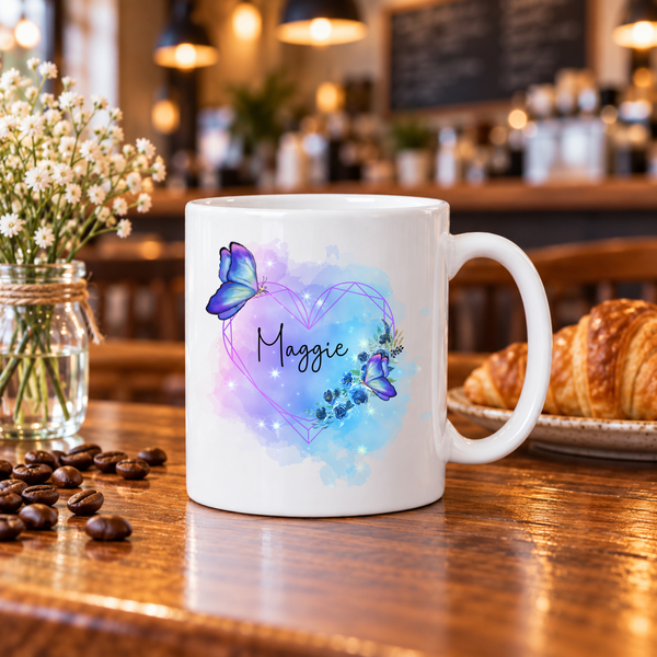 Personalised Butterfly Mug, Custom Name or Message, 11oz Ceramic Coffee Cup - Rainbowprint.uk