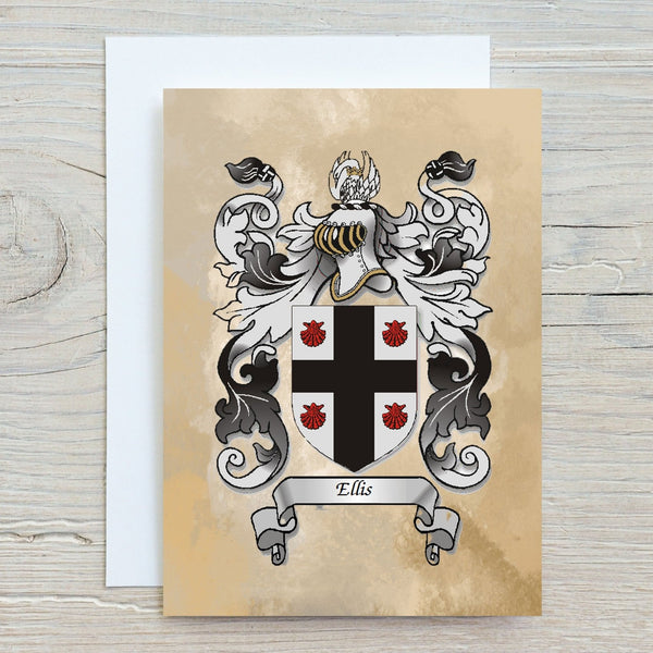 Personalised family crest card with coat of arms design on a beige background from rainbowprint