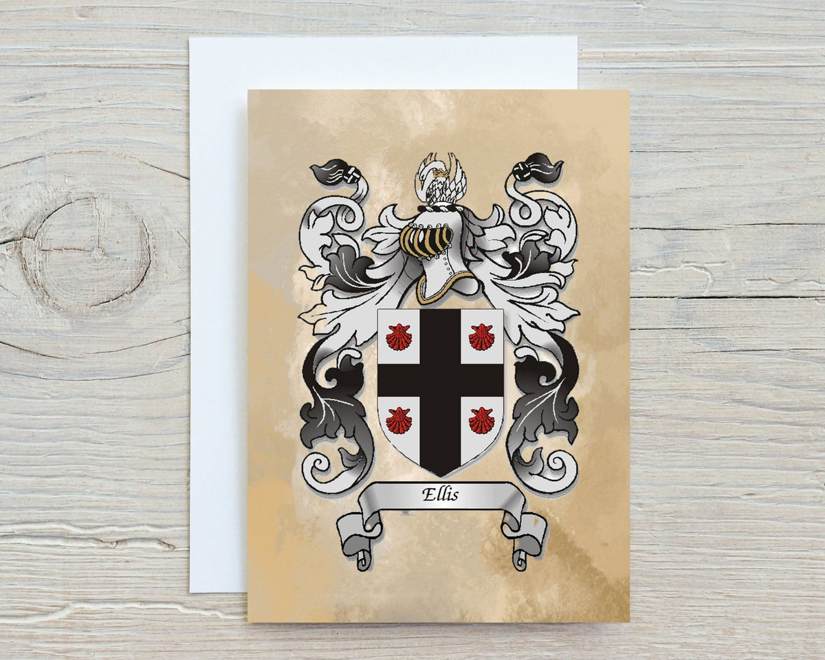 Personalised family crest card with coat of arms design on a beige background from rainbowprint