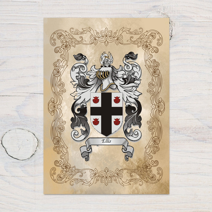 Personalised family crest print by rainbowprintshop featuring ornate decorative vintage design on aged paper