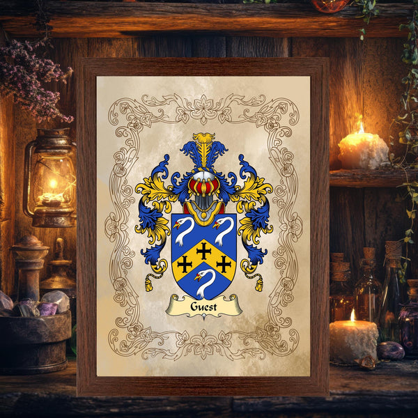 Personalised Family Crest Print: Framed Surname History, Heraldry Art, Ideal Gift - Rainbowprint.uk