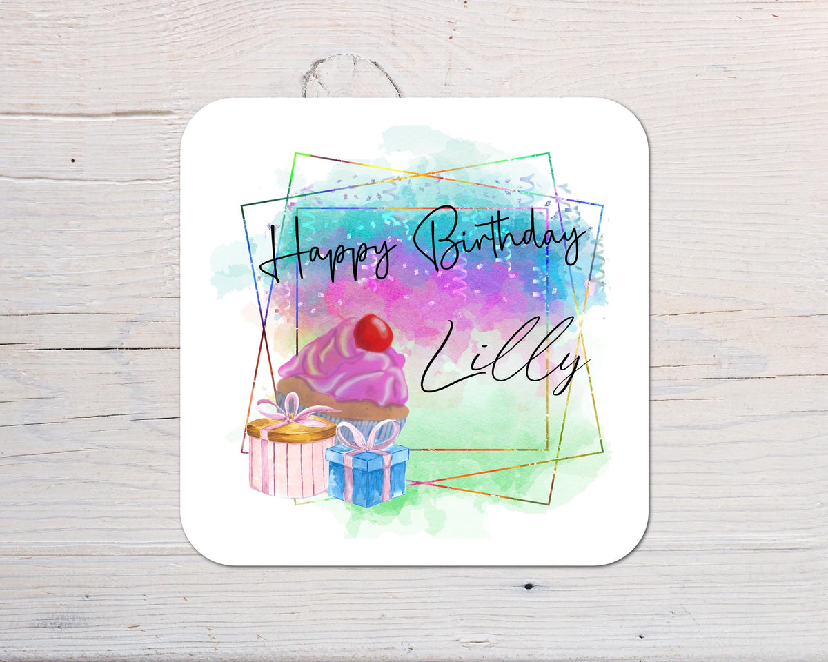 Personalised Happy Birthday Coaster: Custom Name Gift - Rainbowprint.uk