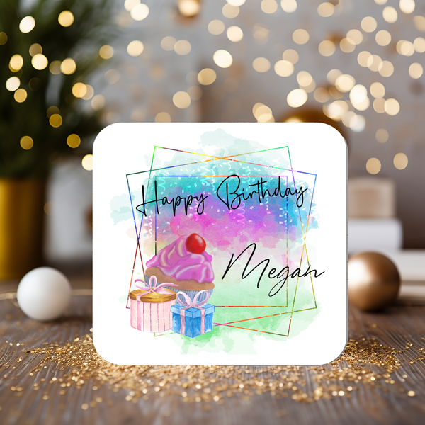 Personalised Happy Birthday Coaster: Custom Name Gift - Rainbowprint.uk
