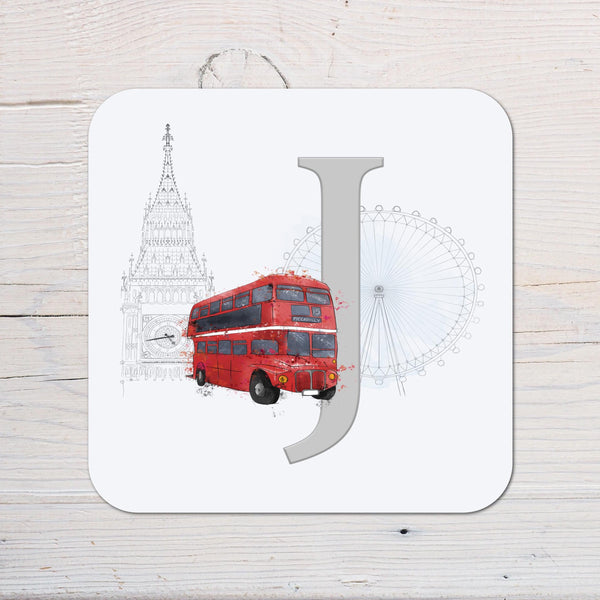 Personalised London Bus Coaster: With Initial, Gift for Bus Fans - Rainbowprint.uk