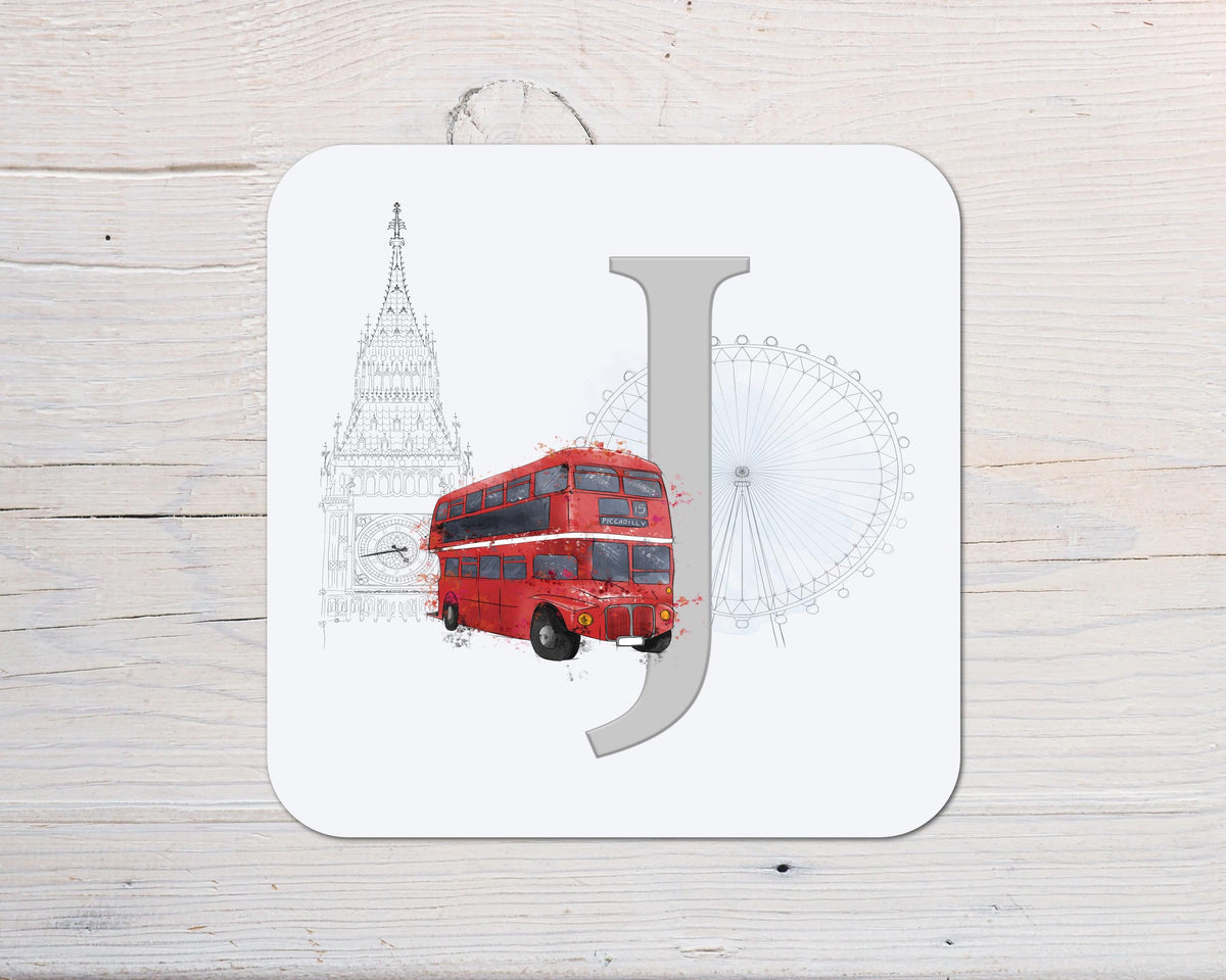 Personalised London Bus Coaster: With Initial, Gift for Bus Fans - Rainbowprint.uk