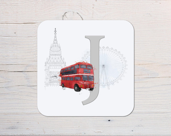 Personalised London Bus Coaster: With Initial, Gift for Bus Fans - Rainbowprint.uk