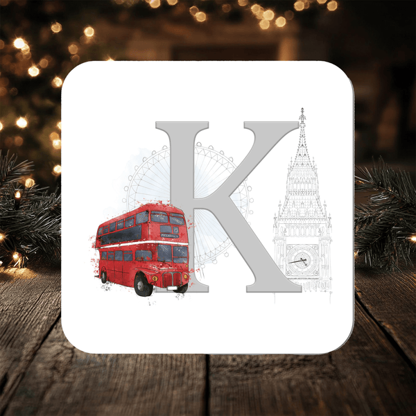 Personalised London Bus Coaster: With Initial, Gift for Bus Fans - Rainbowprint.uk